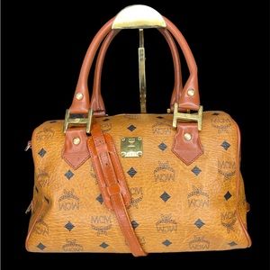 (MT177) Authentic MCM Cognac Visetos Boston Bag with Strap